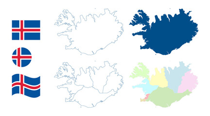 Iceland map. Detailed blue outline and silhouette. Administrative divisions and regions. Country flag. Set of vector maps. All isolated on white background. Template for design and infographics.