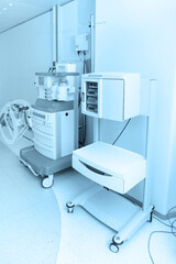 Technologically advanced equipment in CT or MRI Scan room. Modern hospital laboratory. Interior of radiography department. Magnetic resonance diagnostics machine