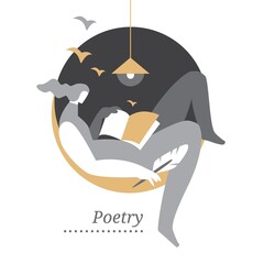 Poetry, writing poetry, literary creativity. Writer, poet, copywriter. Silhouette of a man with a book. Logo, design element, sign. Graphic vector flat illustration.