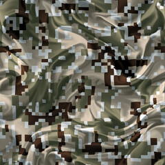 Military or hunting pixel camouflage background with crumpled fabric, folds effect. Seamless pattern. Green khaki and brown color. Army camo texture. Digital illustration. 