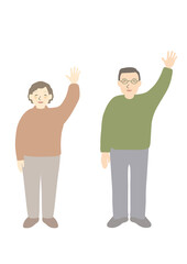 笑顔で片手を上げている中高年の男性と女性