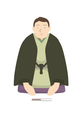 扇子を前に置いてお辞儀をしている羽織を着た男性噺家