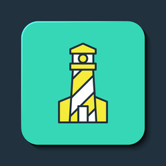 Filled outline Lighthouse icon isolated on blue background. Turquoise square button. Vector
