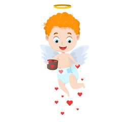 Cute cartoon baby cupid scatters hearts. Amour baby for Valentine's day. Vector illustration isolated on a white background