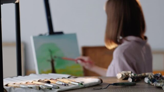 Artistic tools. Female painter. Artwork creation. Different art brushes on background defocused woman painting scenery view in light studio interior.