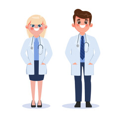 Fototapeta premium Doctor man and woman in the uniform white gown character.