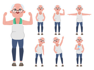 Elderly people grandfather exercise workout character.