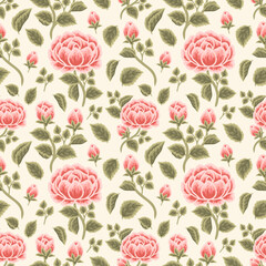 Vintage Orange Peony Flower and Leaf Branch Seamless Pattern for autumn and spring textile, paper, prints, background, fabric, feminine beauty products, gift wrapping, and other purposes