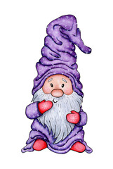 Watercolor painting of a gnome in lilac clothes. Illustration of a fairytale hero in a Scandinavian style. Illustration for clothing, packaging, gifts, cards, posters and stationery. Isolated