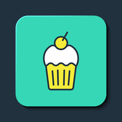 Filled outline Muffin icon isolated on blue background. Turquoise square button. Vector