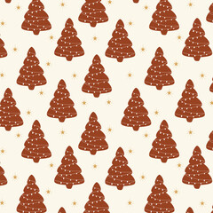 Christmas tree cookies seamless repeating pattern background. Trendy for fabric, texitle print, wallpaper, background, wrapping or invitation cards, packaging.