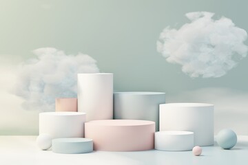 3d Beauty premium pedestal product display with Dreaming land and fluffy cloud. Minimal blue sky and clouds scene for present product promotion and beauty cosmetics. Romance land of Dreams concept.