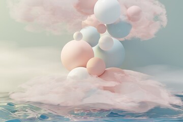 3d render of pastel ball, soaps bubbles, blobs that floating on the air with fluffy clouds and ocean. Romance land of dream scene. Natural abstract dreamy sky.