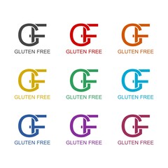 Gluten Free GF sign isolated on white background, color set