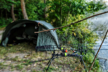 Fishing adventures, carp fishing. Angler, at sunset, is fishing with carpfishing technique. Camping on the shore of the lake.Carp Fishing Sunset