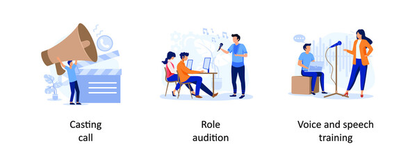 Casting call, Role audition, Voice and speech training. Modelling agency abstract concept vector illustrations set.