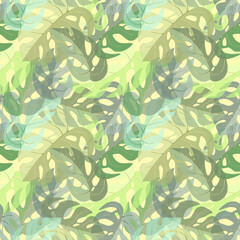 Green monstera leaves irregular seamless pattern. Random repeat floral tropical endless texture. Exotic pastel boundless background. Summer paradise plants toss repeat surface design