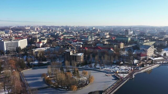 The embankment to the lake in the center of Ternopil aerial view