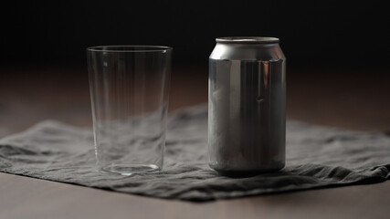 can with drink on wood table