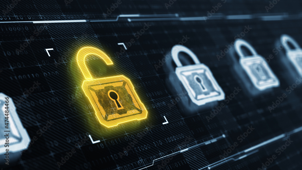 Poster digital padlock icon, cyber security and safety information, personal data concept. 3d rendering