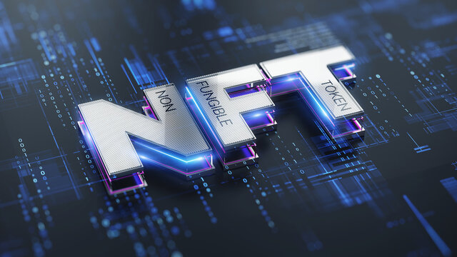 NFT nonfungible tokens concept - NFT word on abstract technology surface. 3d rendering