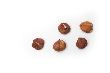 Five hazelnuts isolated on white background