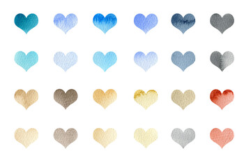 Big set watercolor heart. Colorful hearts isolated on white background. Illustration for your design.