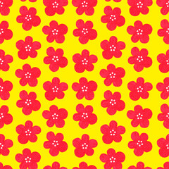 Fototapeta na wymiar Seamless pattern of red flowers. Watercolor vintage illustration. Isolated on a yellow background.