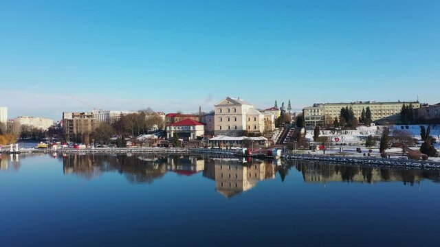 Historical castle on the embankment of Ternopil Ukraine aerial view