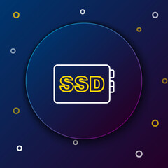 Line SSD card icon isolated on blue background. Solid state drive sign. Storage disk symbol. Colorful outline concept. Vector