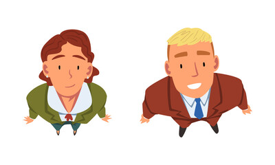 Smiling Business Man and Woman Character Looking Up Above View Vector Set