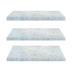 three blue marble shelf isolated on white background with clipping path for interior and display show products. studio room, exhibition