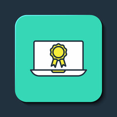 Filled outline Online education with diploma icon isolated on blue background. Diploma online at home. Webinar and video seminar learning. Turquoise square button. Vector