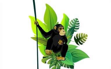 chimpanzee sits  framed by foliage, concept image demonstrating wildlife, environment protection 