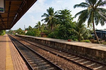 Railway station with palm trees in a tropical country.