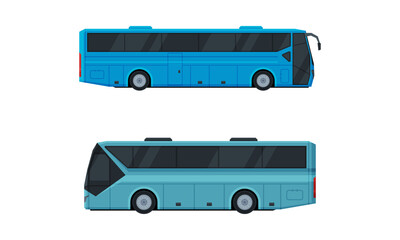 Blue Bus or Omnibus as Road Vehicle and Urban Transport for Carrying Passengers Vector Set