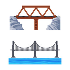 Bridge Structure Carrying Road Across River Vector Set