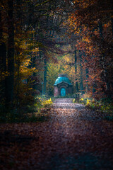 Waaserhaus, pump house in the forest. autumn forest with path in the forest