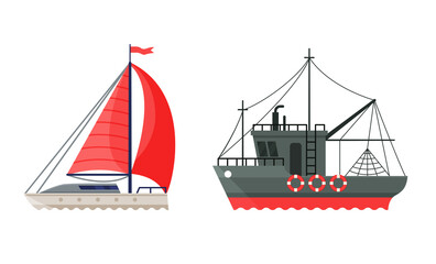 Sailing Yacht or Boat with Mast as Watercraft or Swimming Water Vessel Vector Set