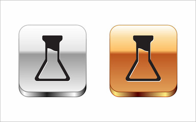 Black Test tube and flask icon isolated on white background. Chemical laboratory test. Laboratory glassware. Silver-gold square button. Vector