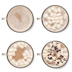 Set of hot cocoa in cup with marshmallows isolated on white background. Top view