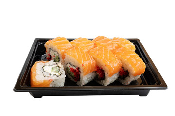 Set of sushi rolls served in a delivery container package, isolated over the white background, closeup