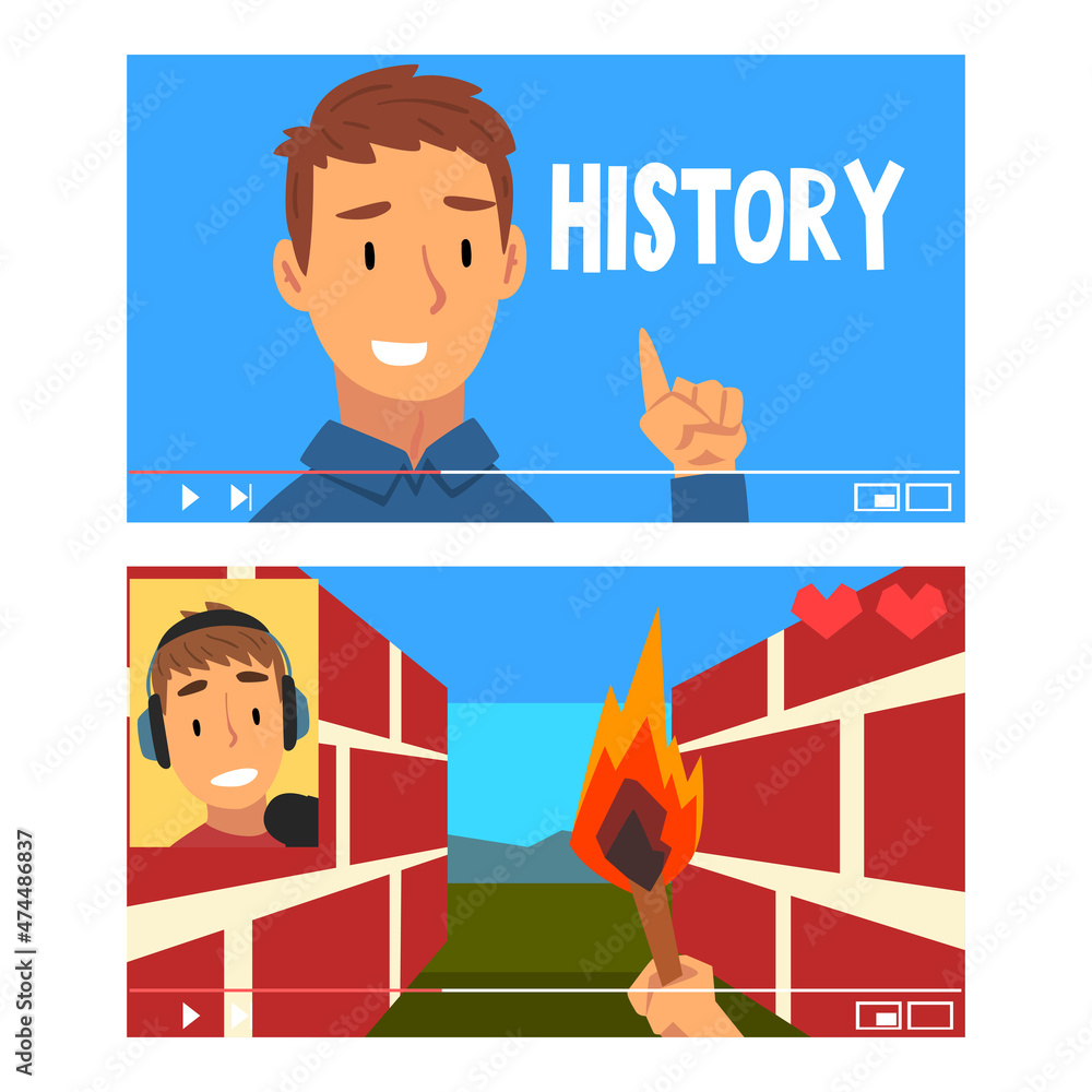 Poster man vlogger video streaming in the internet making game and history vlog vector set