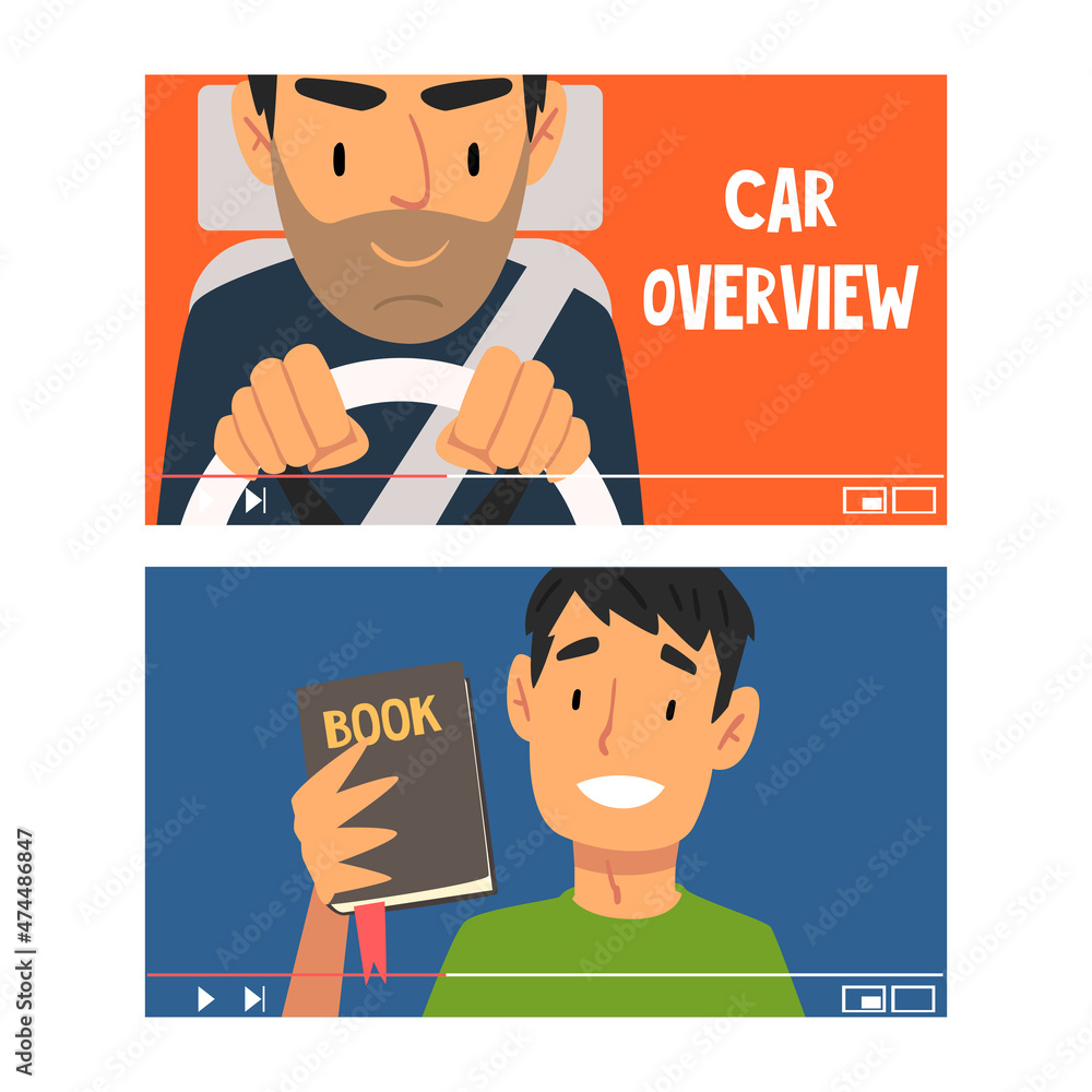 Poster man vlogger video streaming in the internet making car overview and book vlog vector set