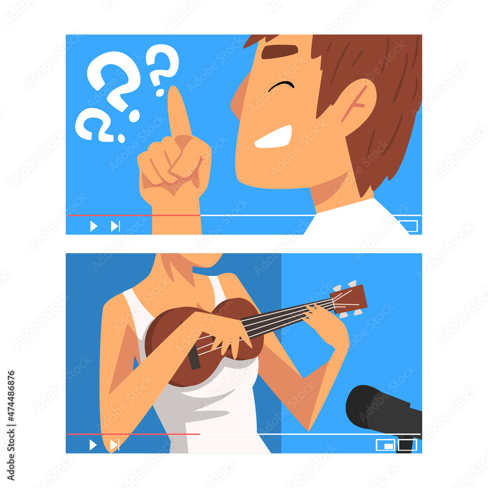 Poster man and woman vlogger video streaming in the internet making vlog vector set