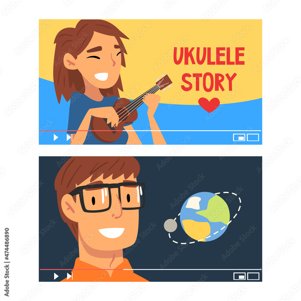 Poster man and woman vlogger video streaming in the internet making vlog vector set