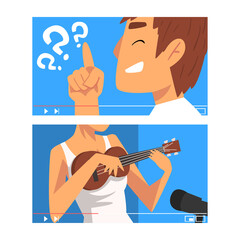 Man and Woman Vlogger Video Streaming in the Internet Making Vlog Vector Set