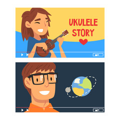 Man and Woman Vlogger Video Streaming in the Internet Making Vlog Vector Set