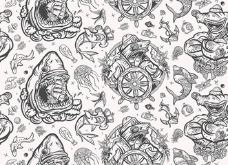 Sharks. Underwater background. Sea wolf, captain in the sea, sailor at helm. Old school tattoo seamless pattern. Jellyfish, anchor