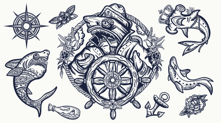 Sharks. Old school tattoo collection. Sea wolf, captain in the sea, sailor at helm. Tattooing art. Underwater life set. Strong hammerhead shark  fish - obrazy, fototapety, plakaty